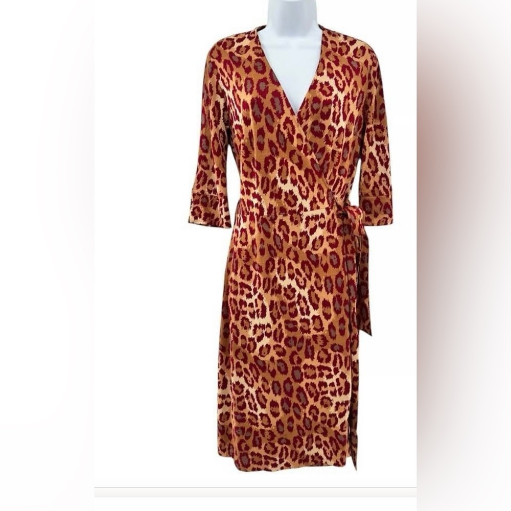 Diane von Furstenberg Julian wrap dress vintage animal print 8 red cream silk